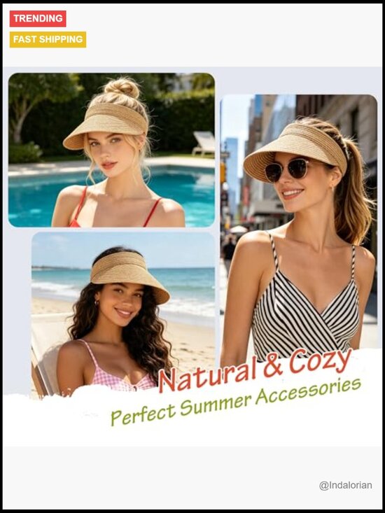 Women Paper Straw Wide Brim Sun Visor UPF 50+ UV Protection Adjustable Packable